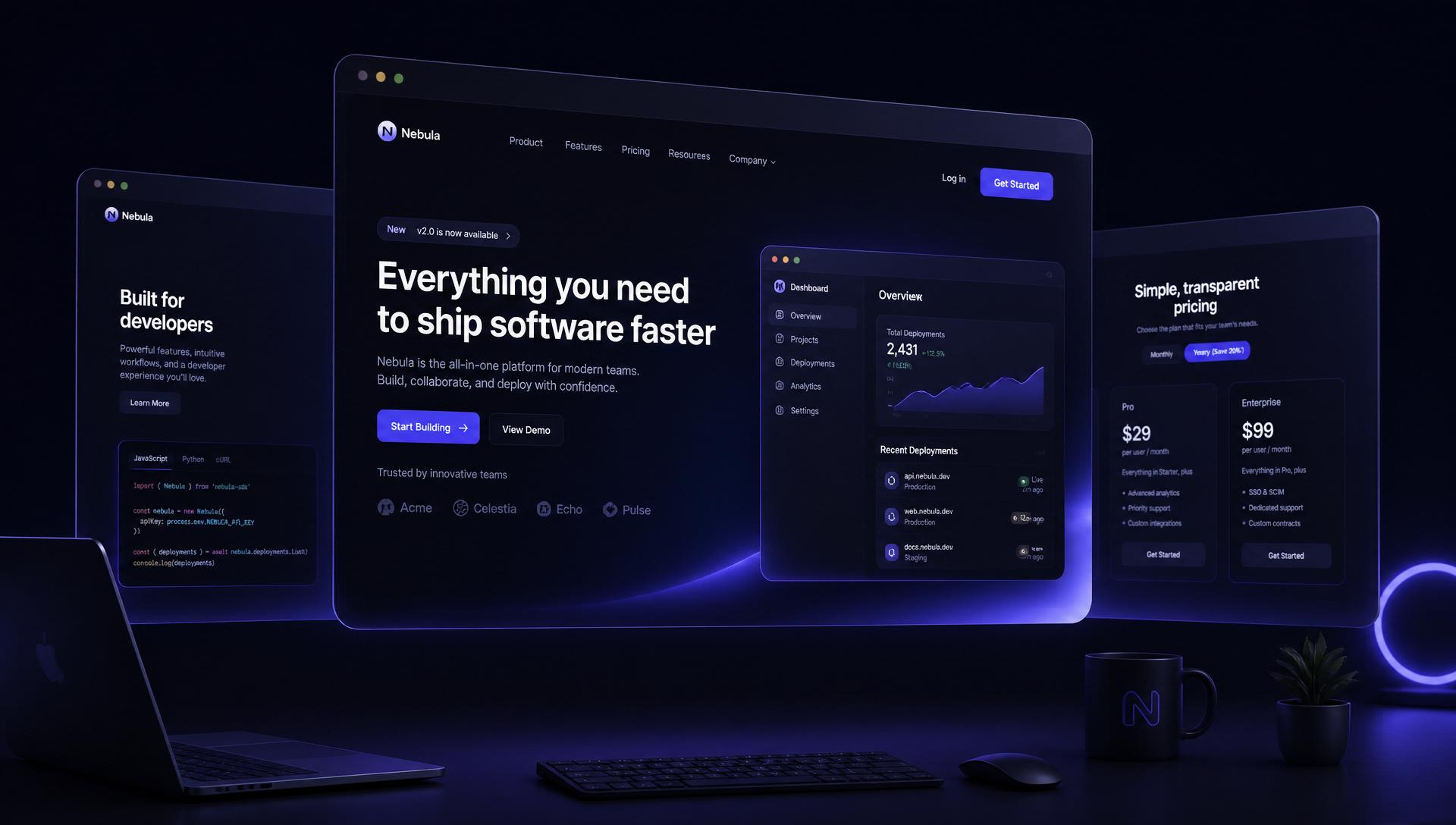 Modern web design workspace with floating website mockups